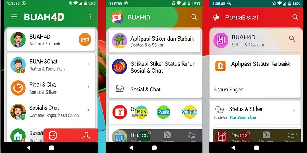 Antarmuka BUAH4D dengan berbagai pilihan stiker dan status yang menarik.