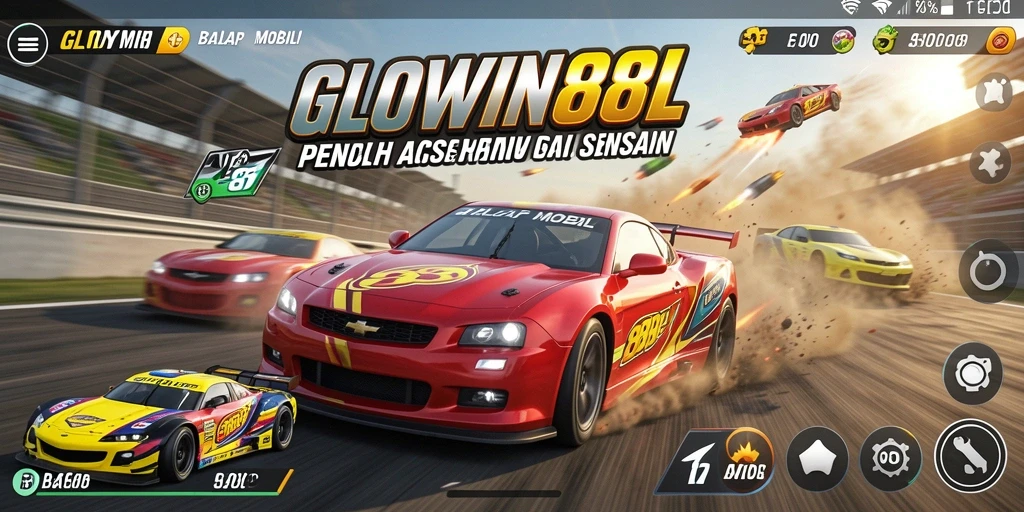 Tampilan antarmuka GLOWIN88 saat balapan dengan mobil yang kencang.